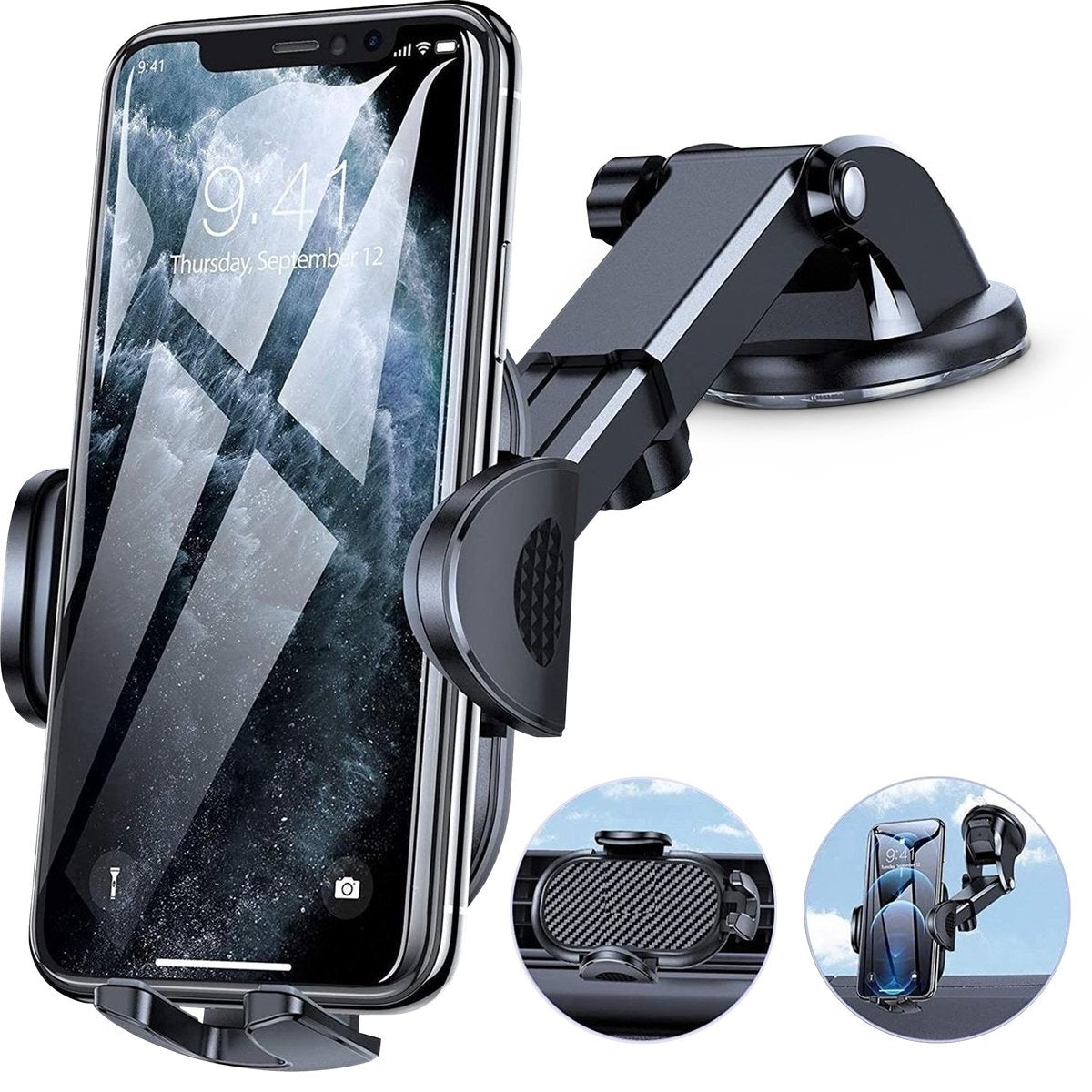 Een zwarte telefoonhouder met een telefoon waarop de tijd staat. Twee kleinere cirkelvormige afbeeldingen tonen alternatieve montageopties.