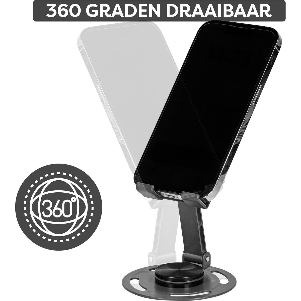 Zwarte telefoon op een standaard, met een 360 graden rotatie-icoon. De schaduw van de telefoon is zichtbaar. Boven staat '360 graden draaibaar'.