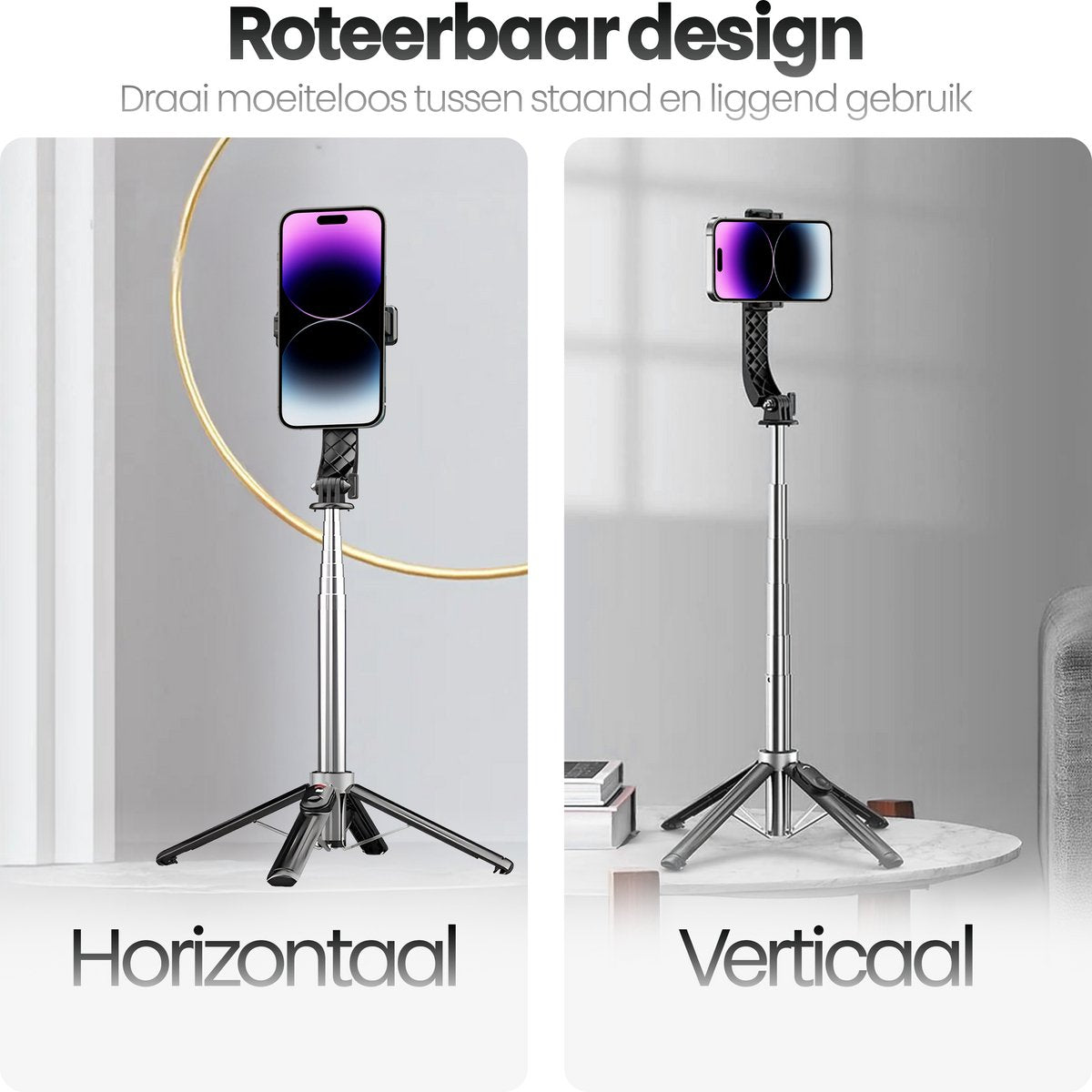 Image shows a phone on a tripod in horizontal and vertical positions. Text says 'Rotatable design'.