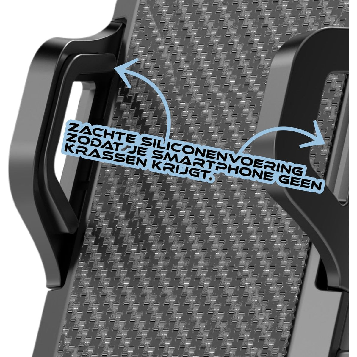 Close-up of a phone holder. It has black silicone padding to prevent scratches. Text in Dutch says, 'Soft silicone lining so your smartphone won't scratch'.