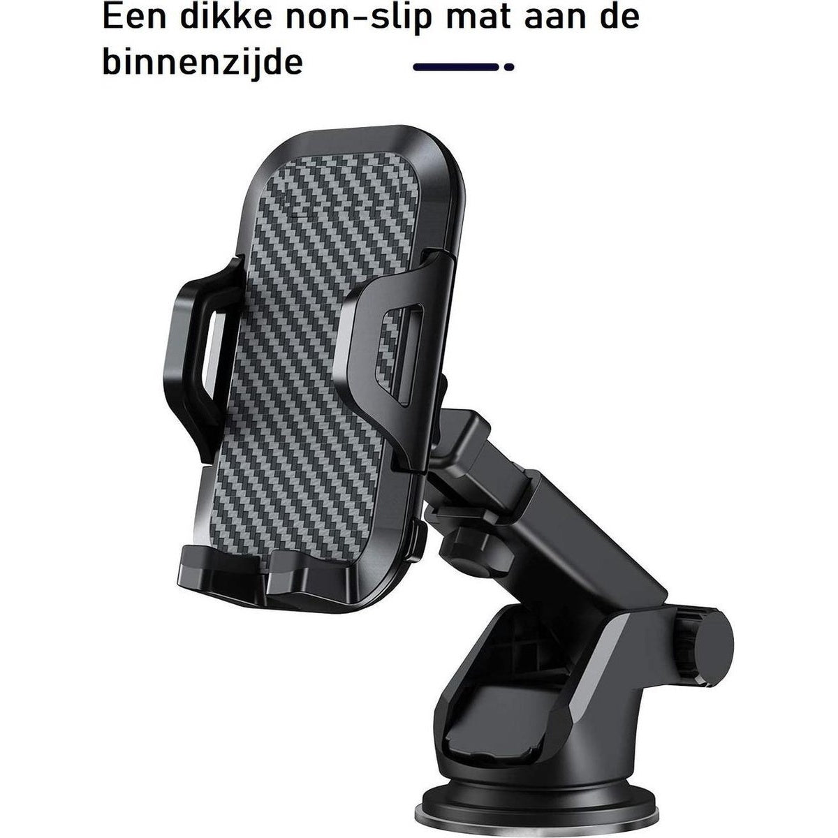 Een zwarte telefoonhouder voor in de auto met een patroon grip. Het is gemonteerd op een zuignap.