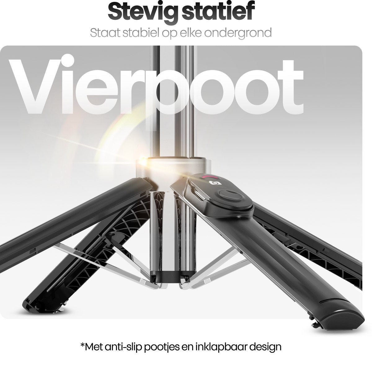A black and silver tripod with the word 'Vierpoot' on it. Text says 'Stevig statief' and 'Staat stabiel op elke ondergrond'.