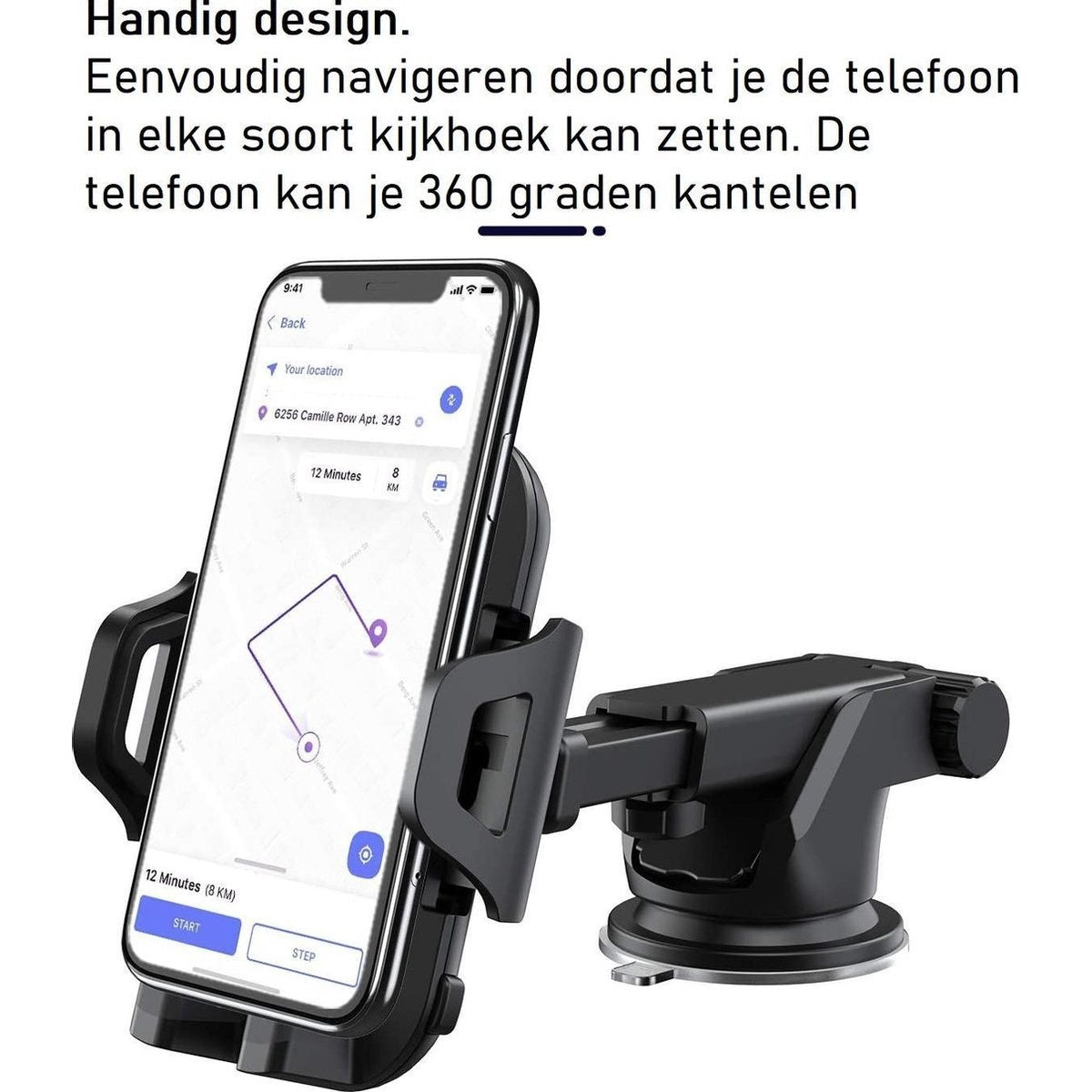 Een telefoon in een autohouder toont een navigatie-app. De telefoon is zwart, de houder is zwart, de achtergrond is wit.