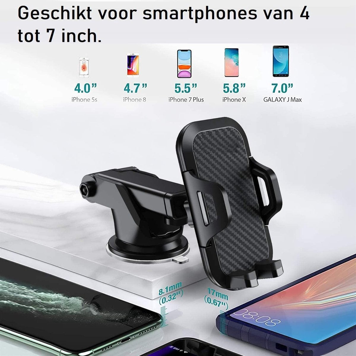 Zwarte autotelefoonhouder met koolstofvezeltextuur. Smartphones van 4,0" tot 7,0" ernaast afgebeeld.