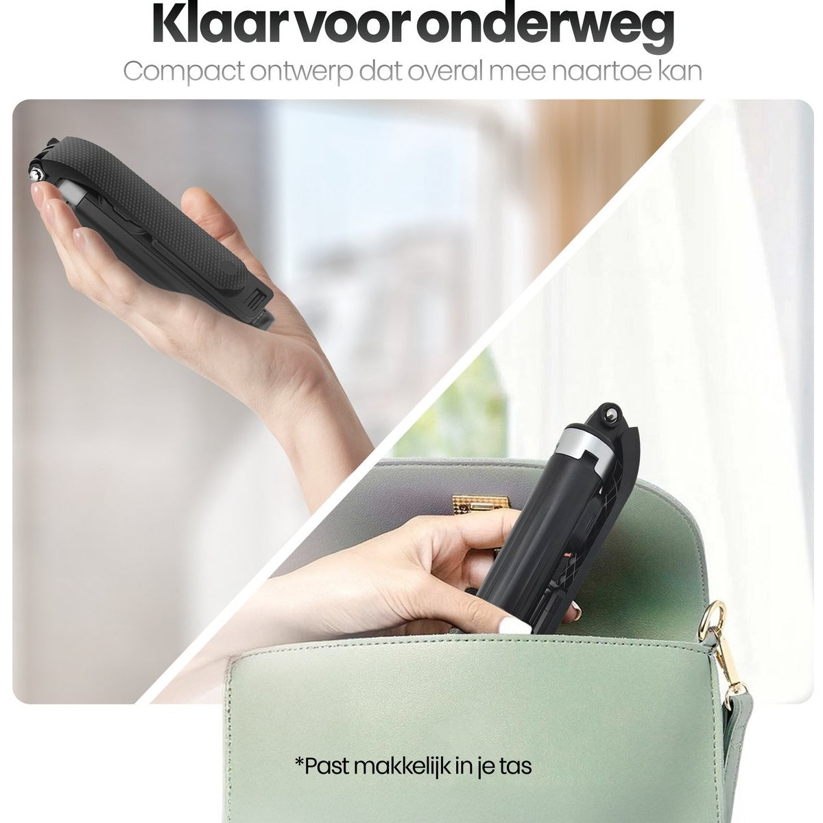 A person holding a black, foldable device. Another person is putting it into a light green purse. Text says: Fits easily in your bag.