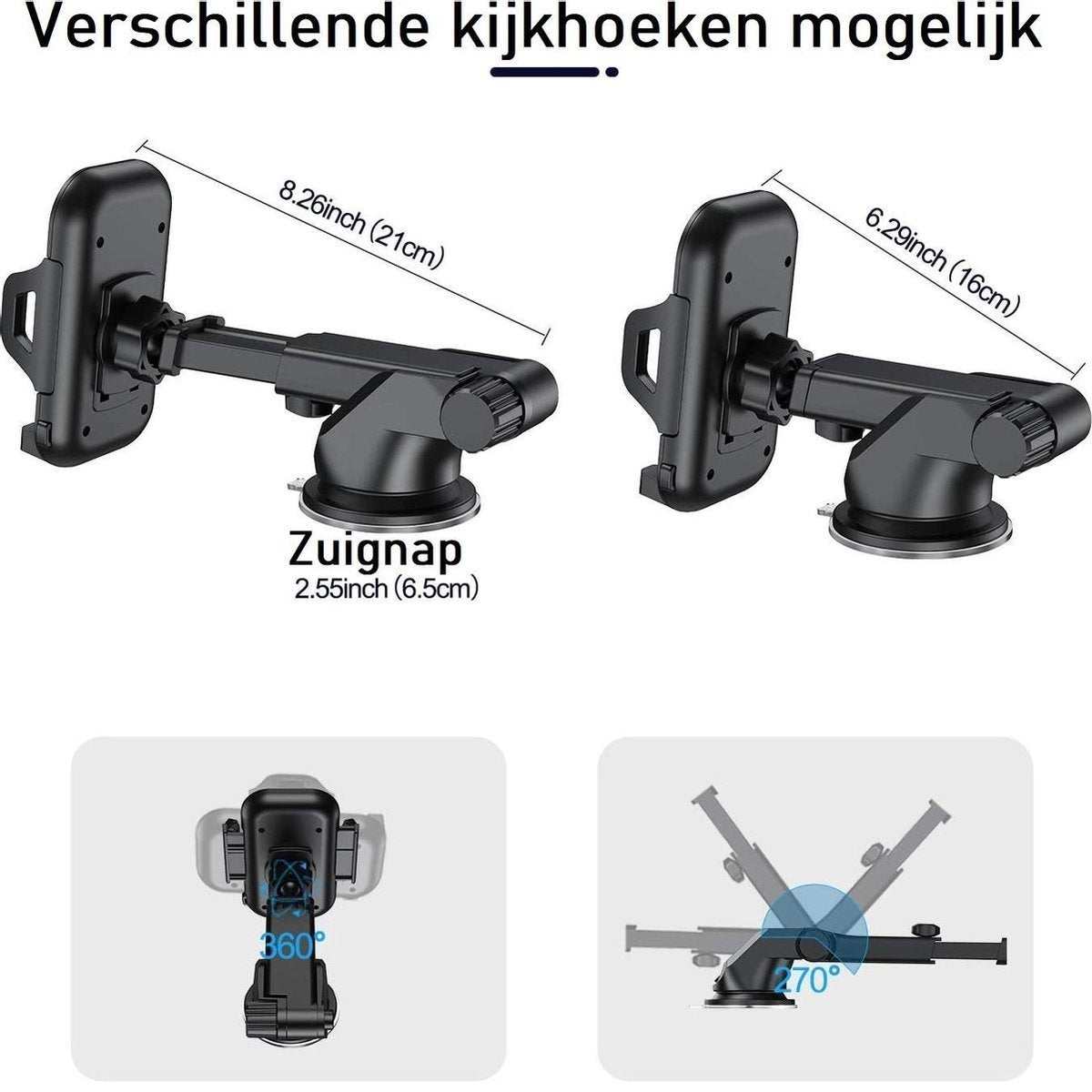 Afbeelding toont een telefoonhouder voor in de auto, met afmetingen en hoekaanpassingen. Tekst in het Nederlands. Zwarte kleur.
