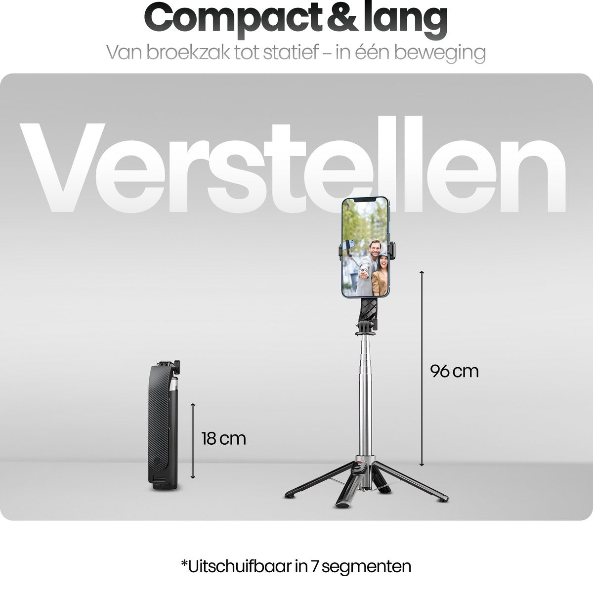 Image shows a phone on a tripod, a small device, and dimensions. The phone displays a couple. Text says 'Compact & long' and 'Verstellen'.