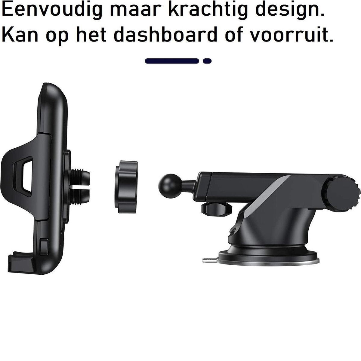 Zwarte telefoonhouder voor in de auto, gedemonteerd. Onderdelen zijn de telefoonhouder, een schroef, een kogelgewricht en een zuignap.