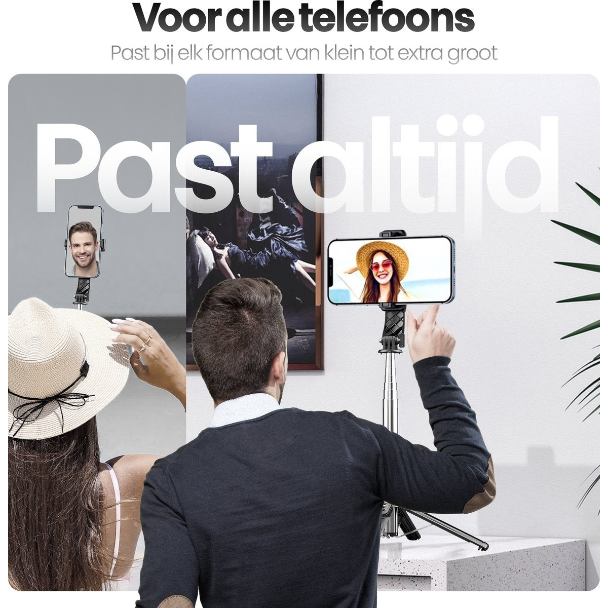 Image shows people using smartphones on selfie sticks. Headlines say 'For all phones' and 'Fits all sizes'.