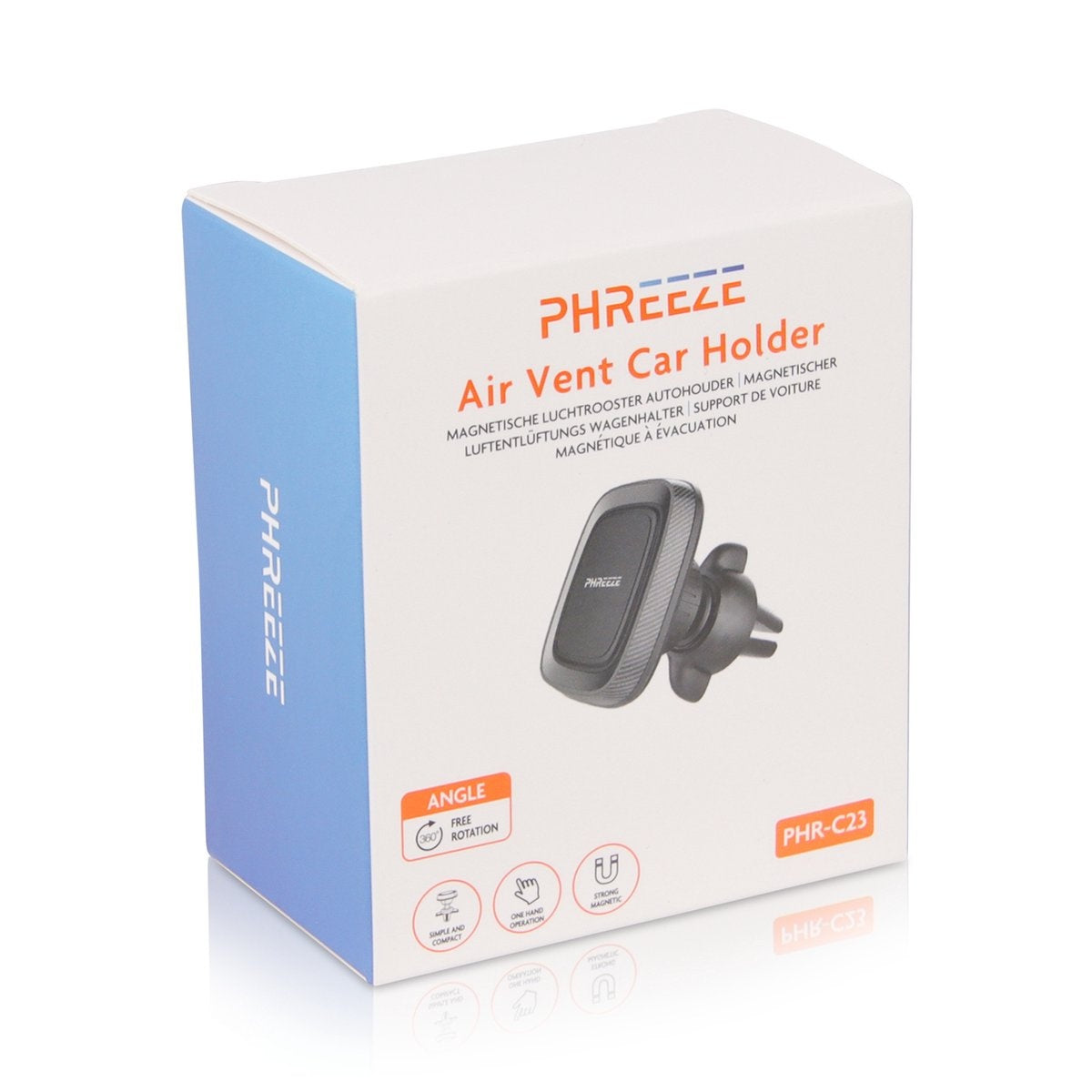 Verpakte auto luchtventilatiehouder. Witte doos met blauw zijpaneel. Productnaam 'PHREEZE'. Houder zichtbaar op de doos. 360 graden rotatie.