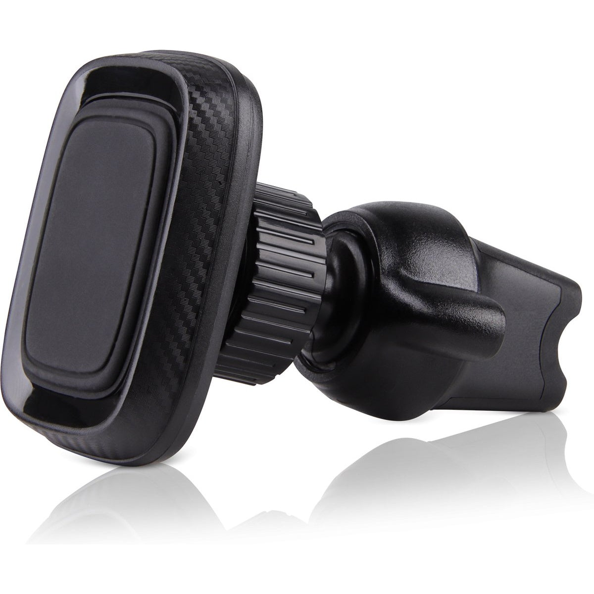 Een zwarte telefoonhouder voor in de auto. Het heeft een magnetische pad en een ventilatieclip. De houder is gemaakt van plastic en koolstofvezel.