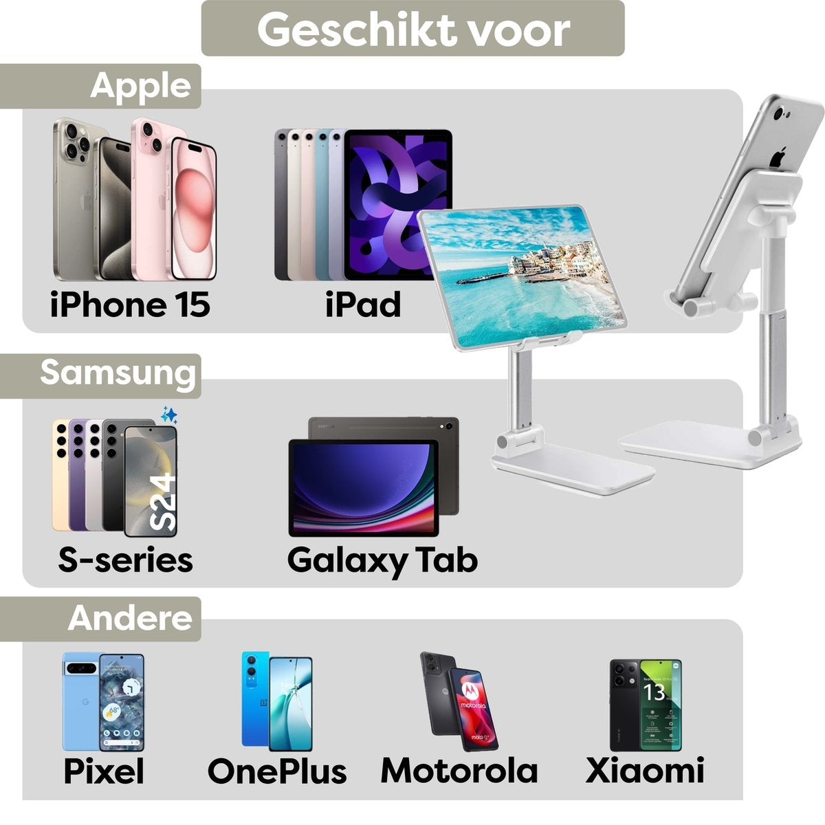 Afbeelding toont telefoons en tablets met labels zoals iPhone 15, iPad, Samsung S24 en anderen, met een witte telefoonstandaard.