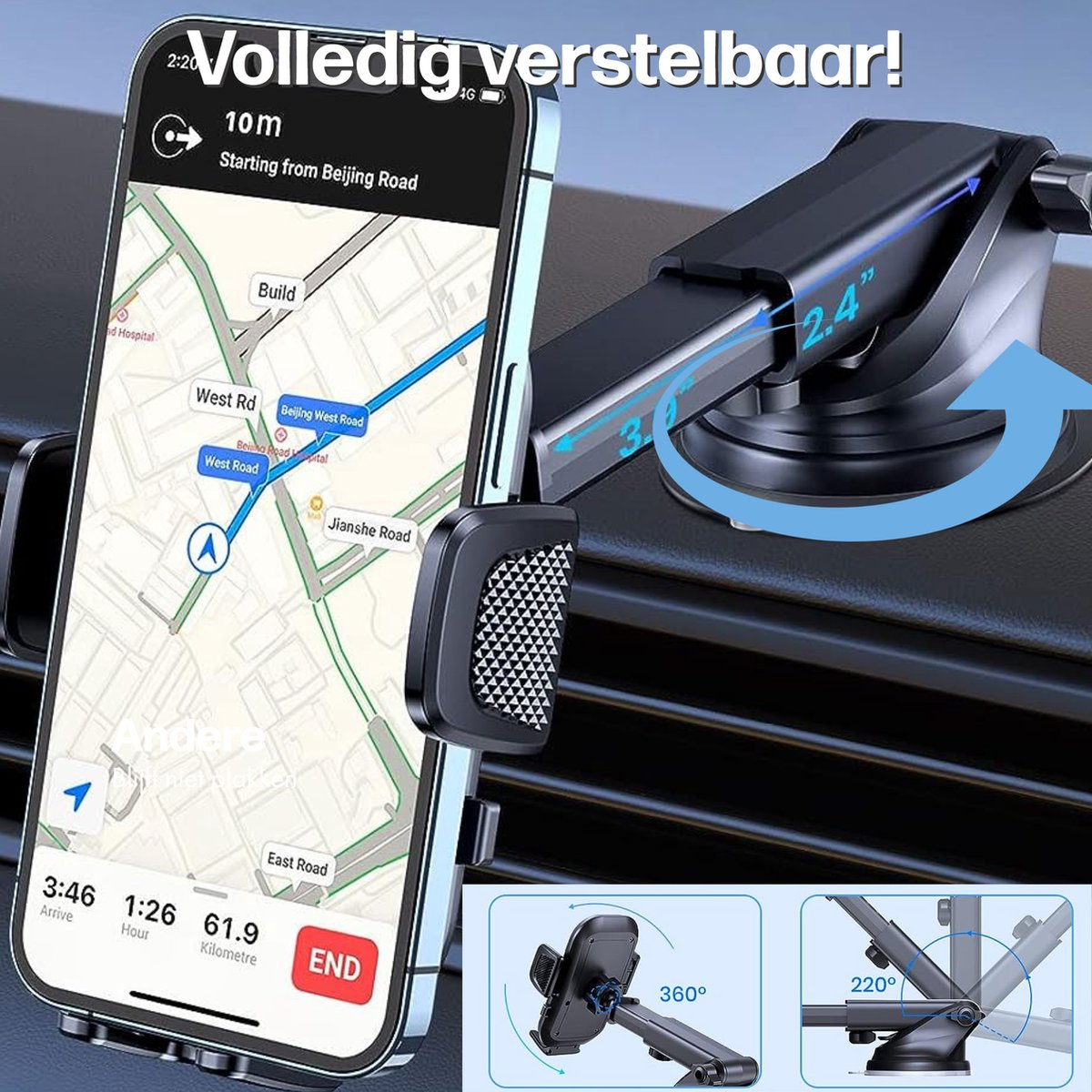 Een smartphone met een navigatie-app is gemonteerd op een telefoonhouder voor in de auto. De houder is verstelbaar en bevestigd aan het dashboard.