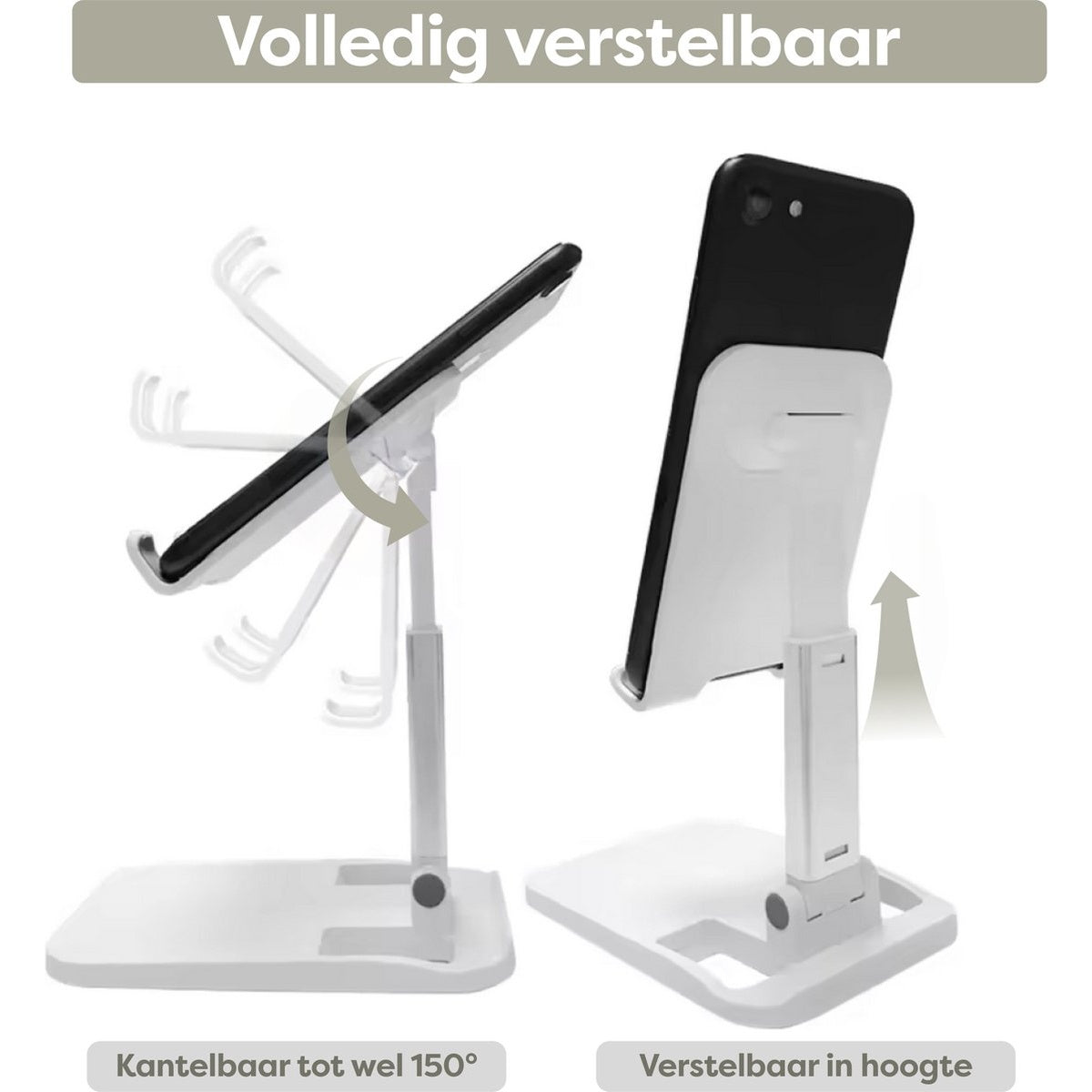 Twee witte telefoonstandaards met zwarte telefoons. Eén gekanteld, toont verstelbaarheid. De andere toont hoogteverstelling.