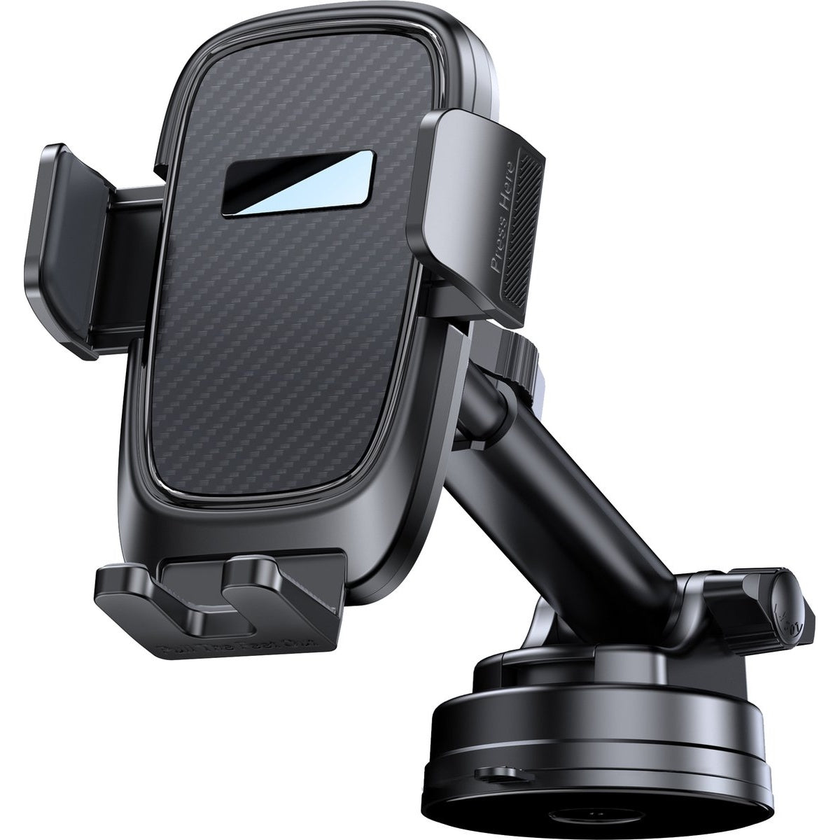 Een zwarte telefoonhouder voor in de auto met een koolstofvezelpatroon, een zuignapbasis en een verstelbare arm. De houder heeft clips.