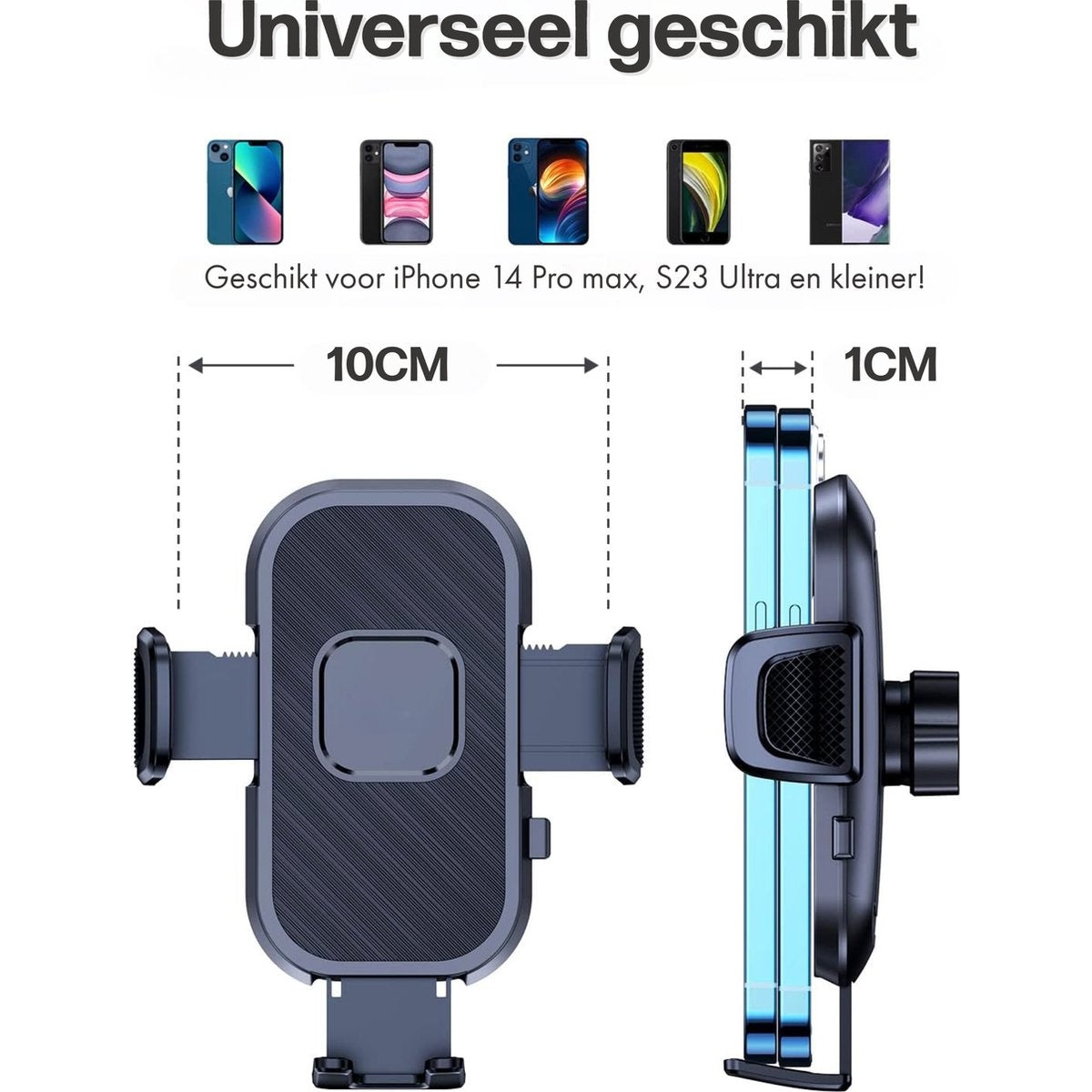 Een telefoonhouder wordt weergegeven, met gemarkeerde afmetingen. Smartphones worden hierboven getoond, en de tekst luidt 'Geschikt voor iPhone 14 Pro max'.