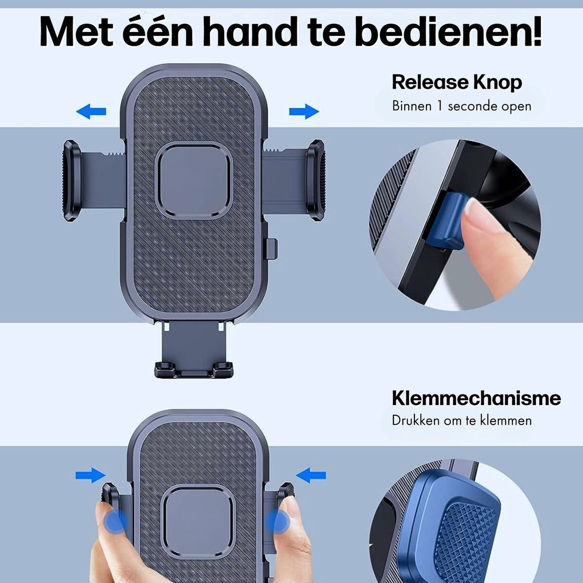 Een telefoonhouder voor in de auto met tekst in het Nederlands en Engels. Toont de ontgrendel- en klemmecanismen.