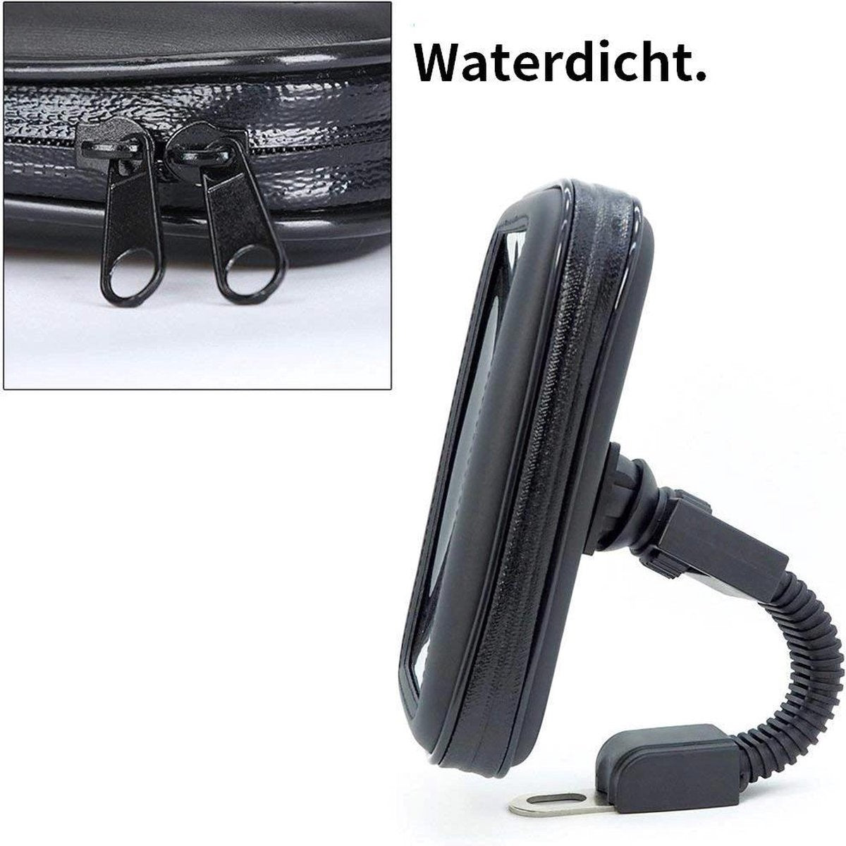 A black waterproof phone mount with a flexible arm and a zippered pouch. Text 'Waterdicht' is visible.
