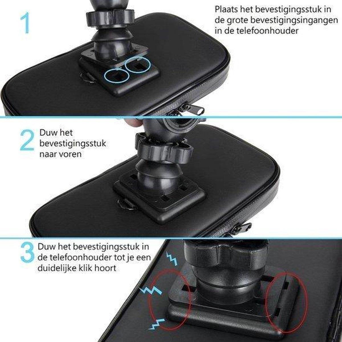 Instructions on attaching a phone holder: place the mounting piece, push forward, and secure it with a click. Black holder.