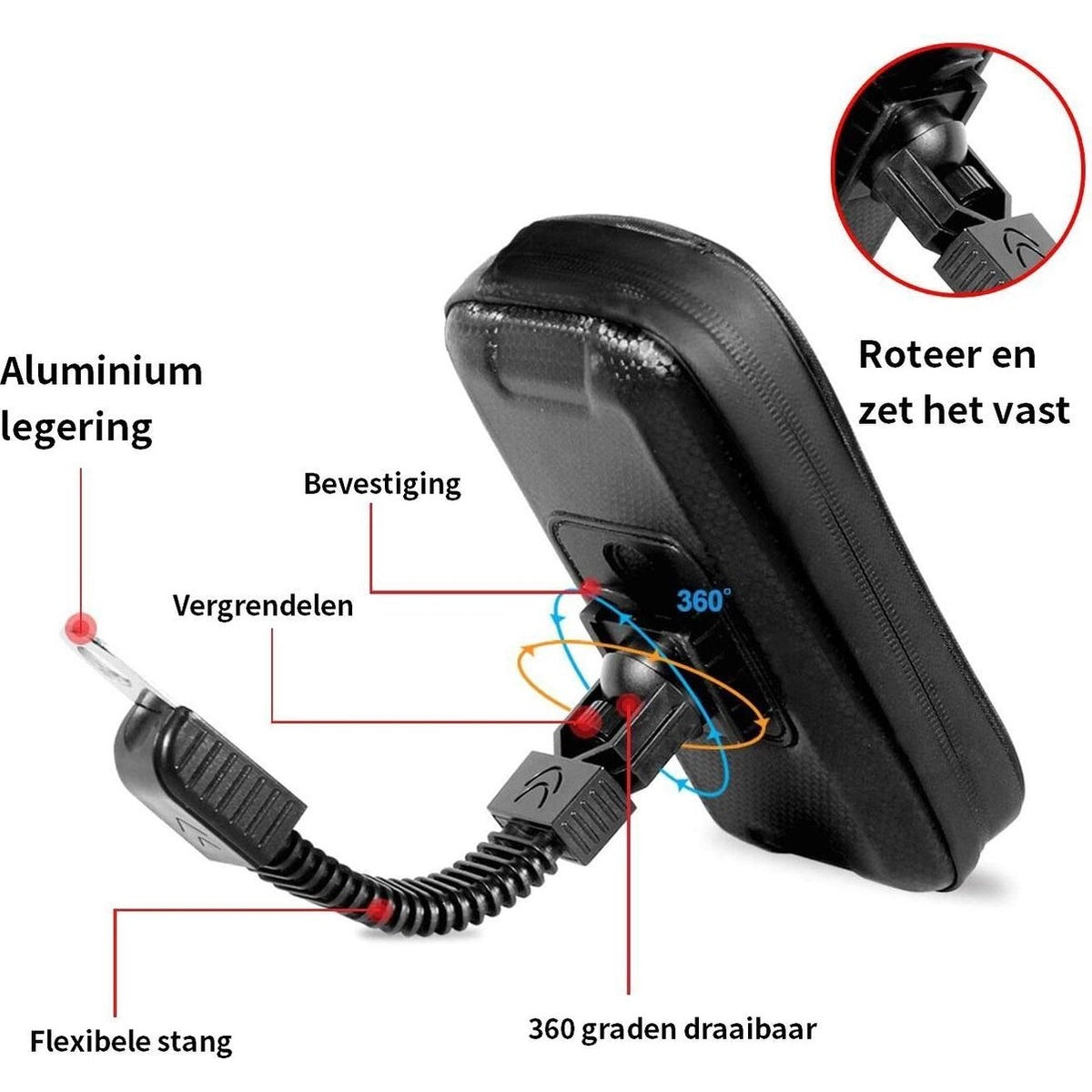 A black phone holder with flexible arm and aluminum alloy parts. It has 360° rotation and a locking mechanism.