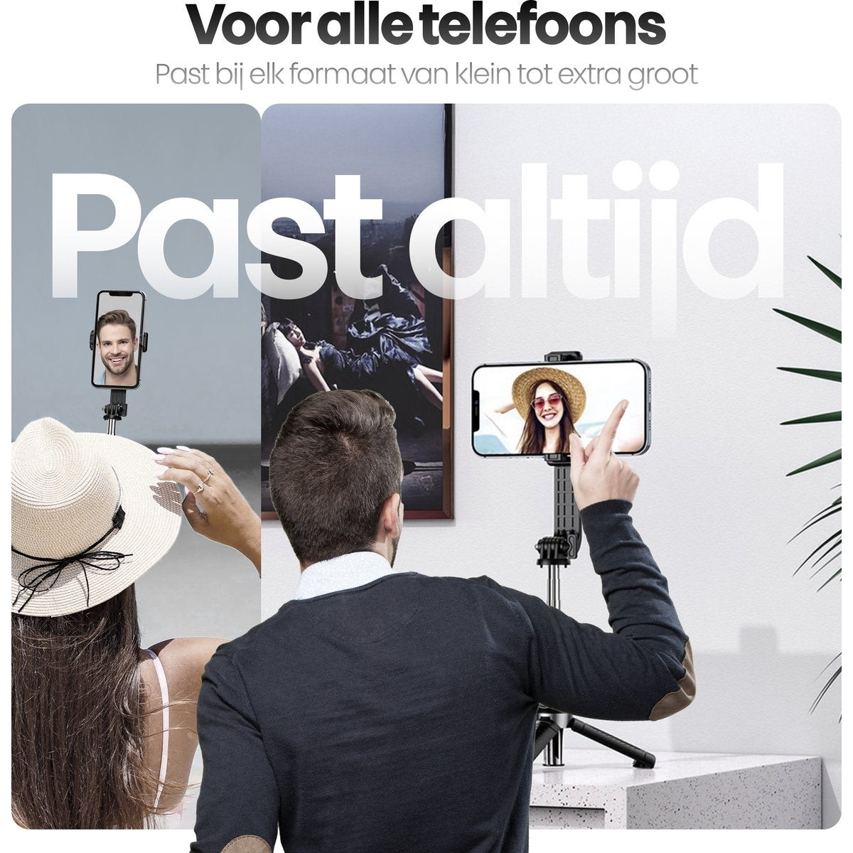 Afbeelding toont drie telefoons op standaards. Eén toont een man, een ander een vrouw met hoed en een derde met de tekst "Past altijd".