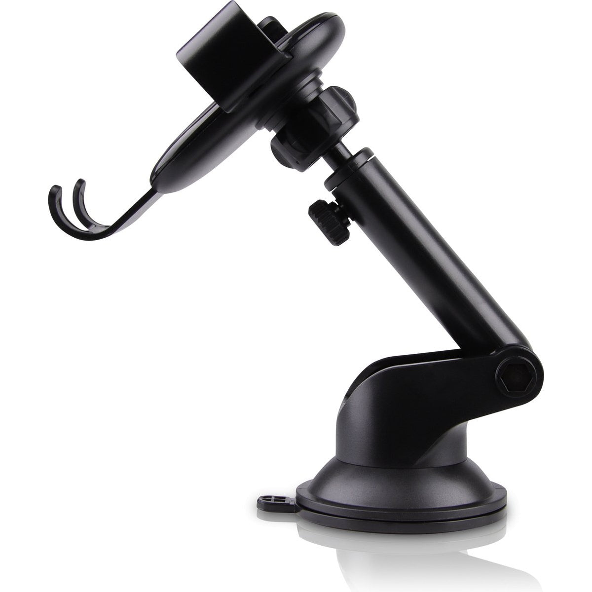 Een zwarte autotelefoonhouder met zuignap, verstelbare arm en telefoongrip. Op een witte achtergrond.