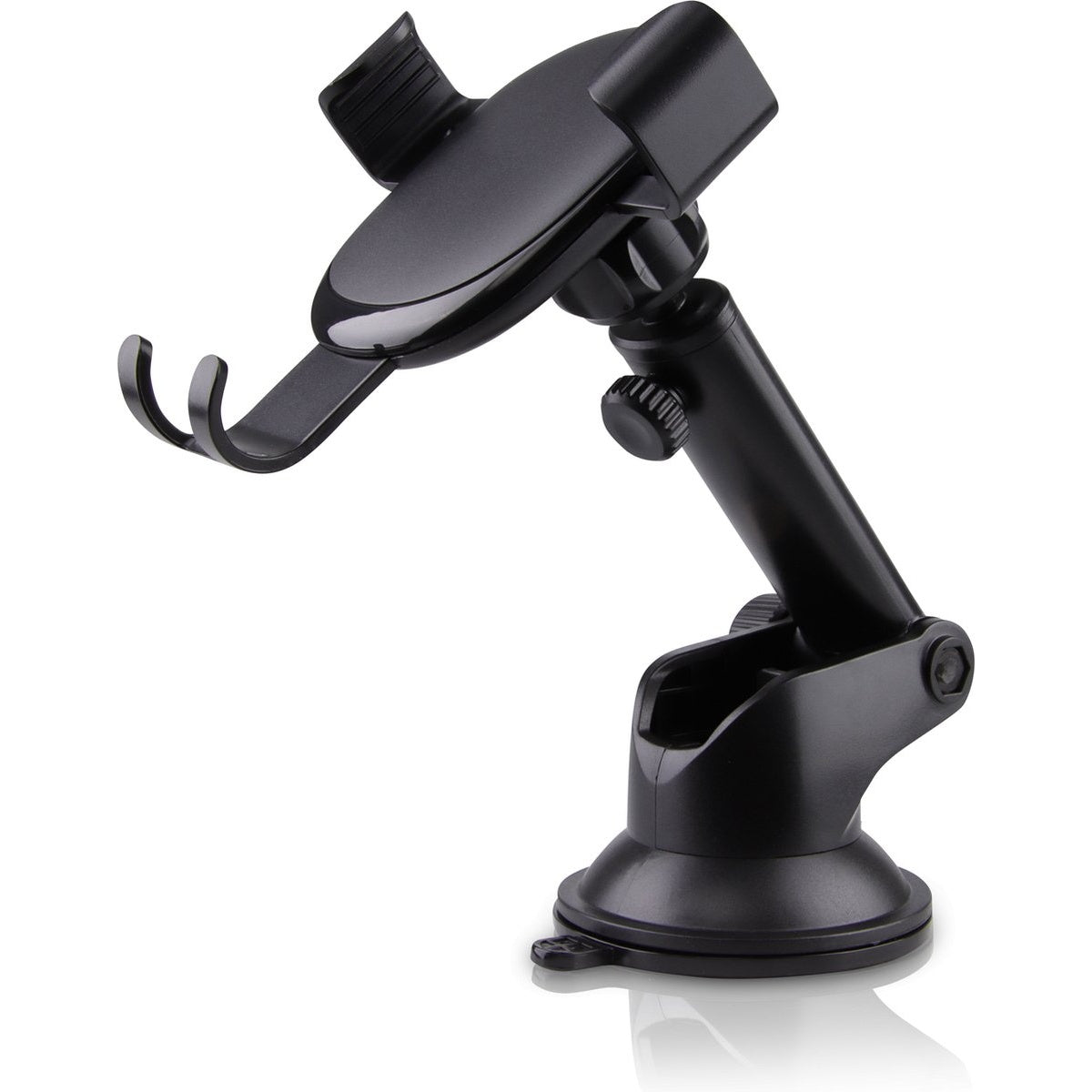 Een zwarte autotelefoonhouder. Het heeft een zuignap, een verstelbare arm en een telefoongreep met gebogen armen. Op een witte achtergrond.