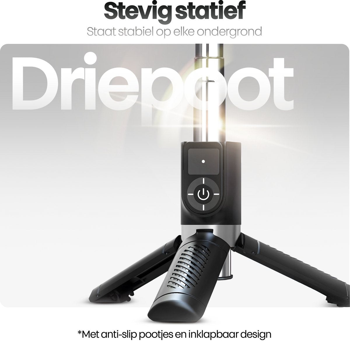 Een zwart statief met drie poten wordt getoond. Het statief heeft een bedieningspaneel met een aan/uit-knop.