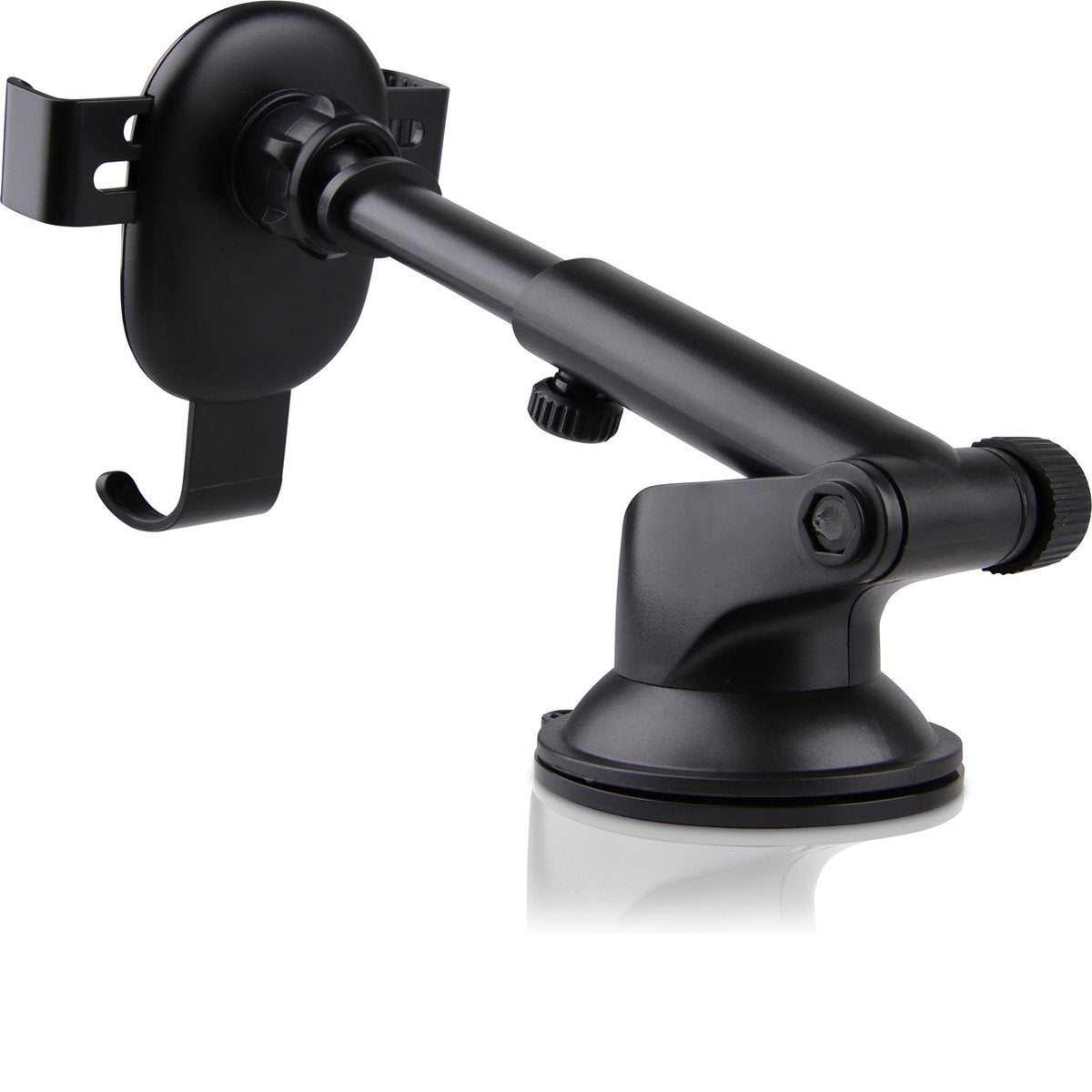 Een zwarte telefoonhouder voor in de auto met een zuignap, verstelbare arm en telefoonhouder. Het staat op een witte achtergrond.