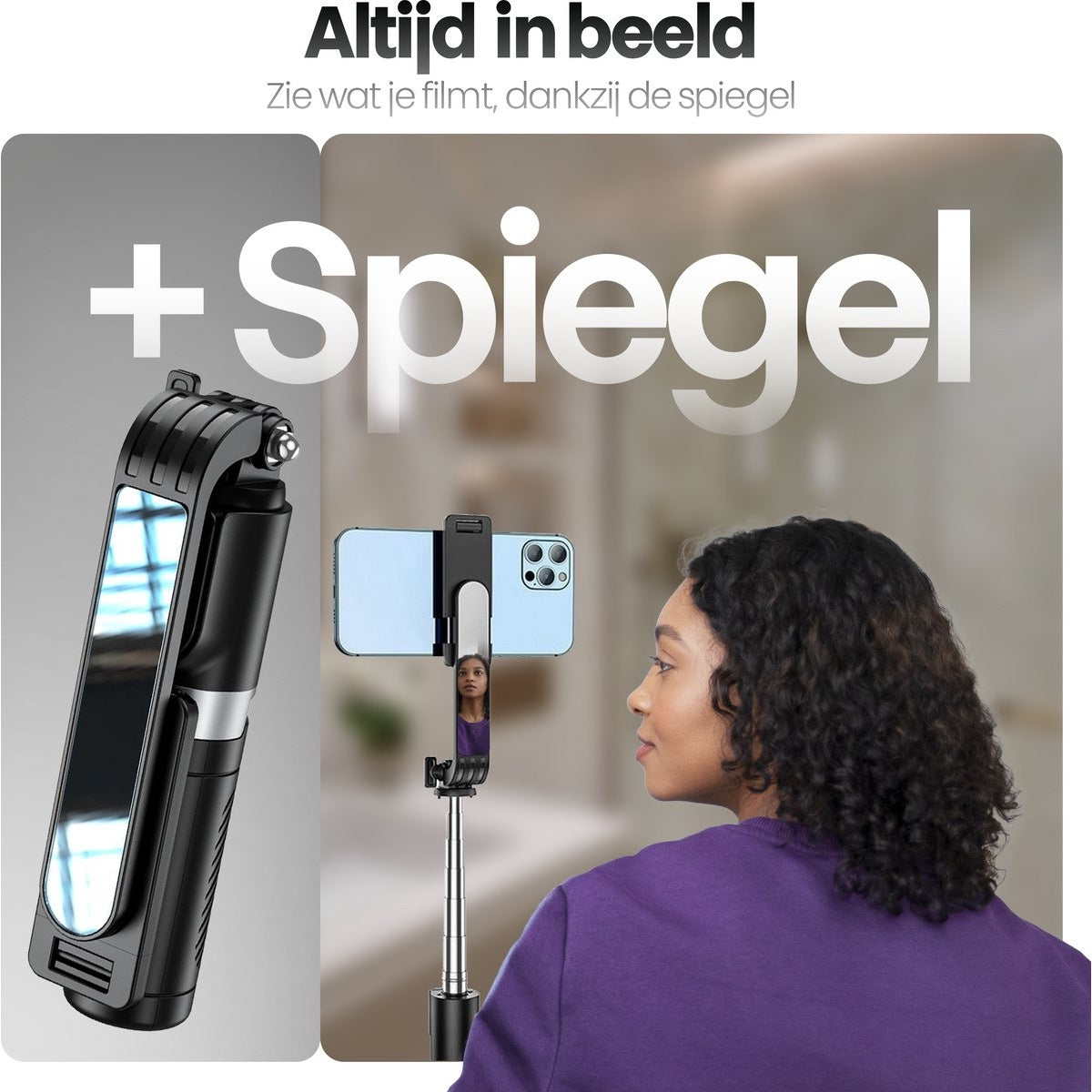 Een vrouw gebruikt een selfiestick met spiegel. Een telefoon is gemonteerd, met haar gezicht erop. De achtergrond heeft Nederlandse tekst.