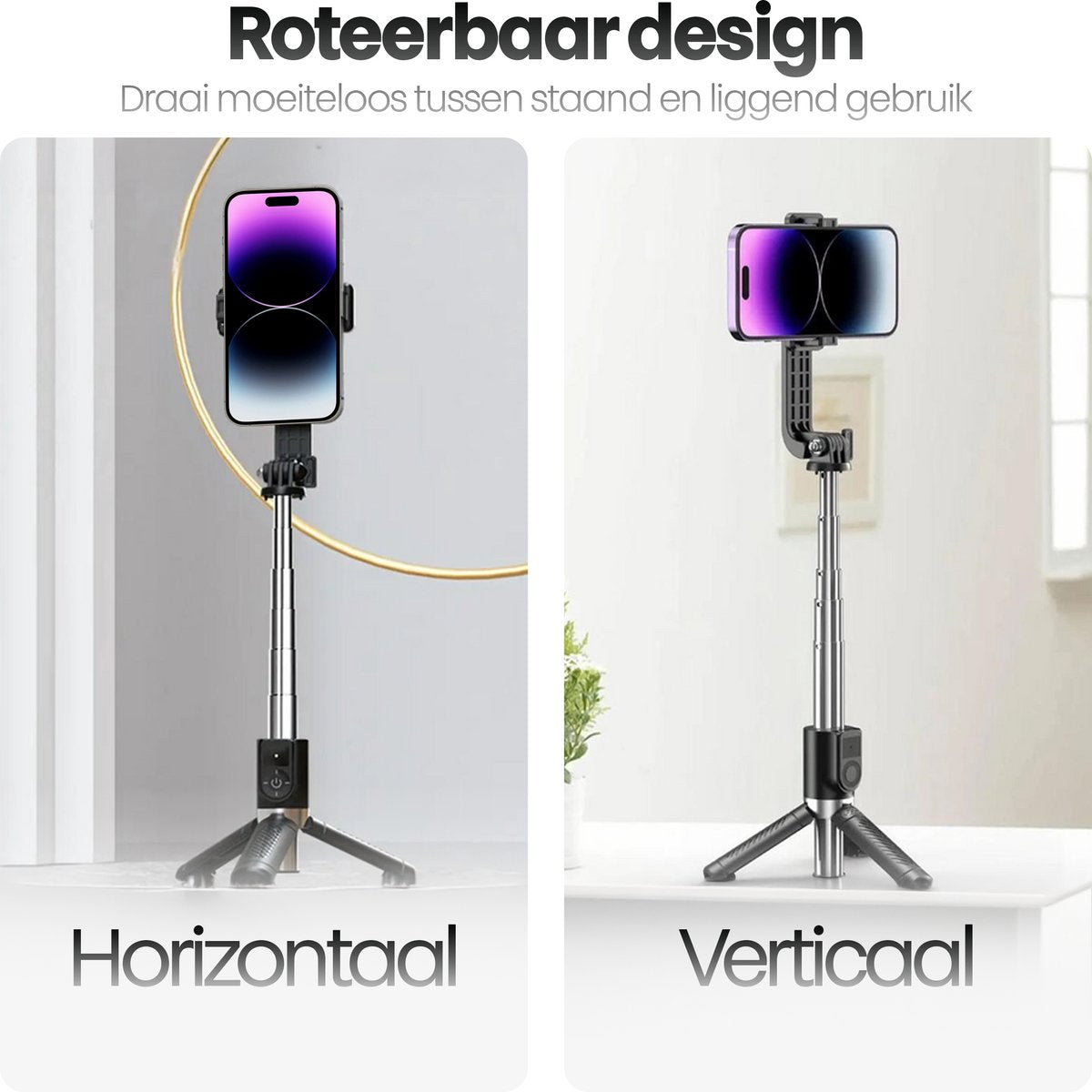 De afbeelding toont een roterende telefoonhouder met twee opstellingen: horizontaal en verticaal. De houder staat op een statief, met een telefoon bevestigd.