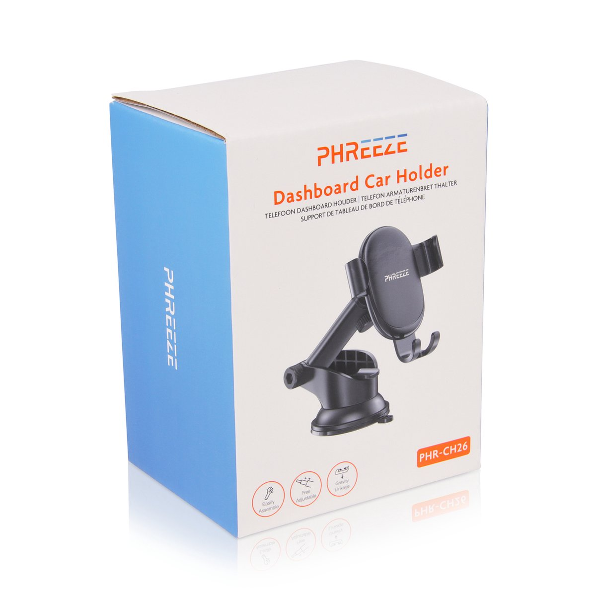 Een wit en blauw doosje met een telefoonhouder voor in de auto. De tekst op de doos luidt 'Dashboard Car Holder' en 'PHREEZE'.