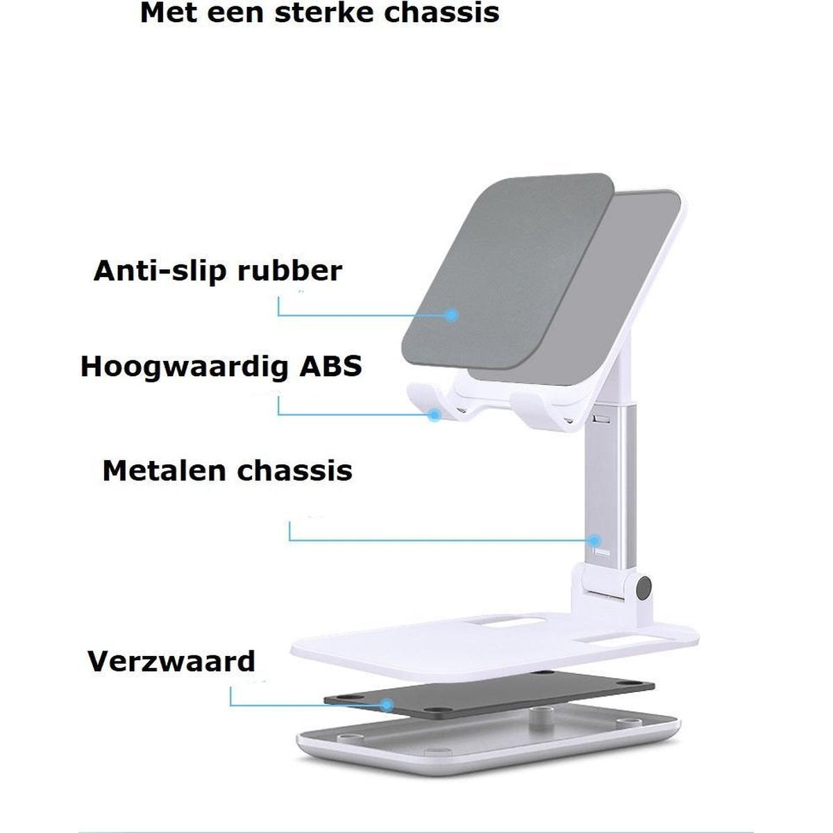 Diagram van een telefoonstandaard met labels: 'Antisliprubber', 'Hoogwaardig ABS', 'Metalen chassis' en 'Verzwaard'.