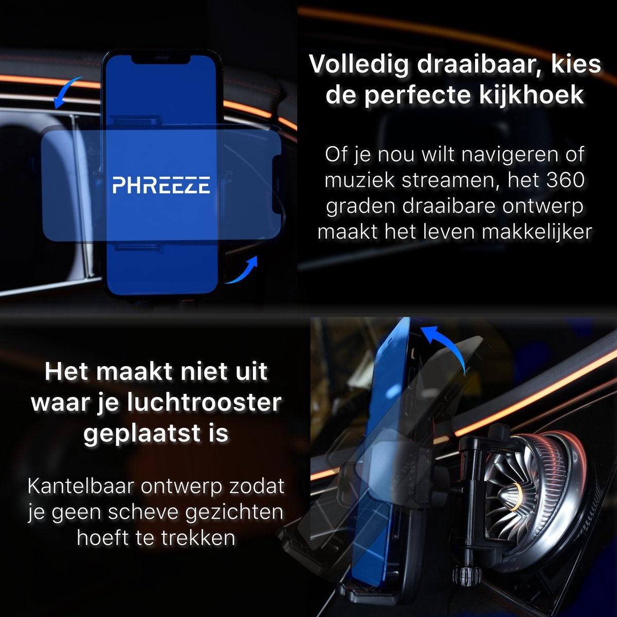 A blue phone in a car mount, with text describing its 360-degree rotation and tilt features for optimal viewing from any angle.