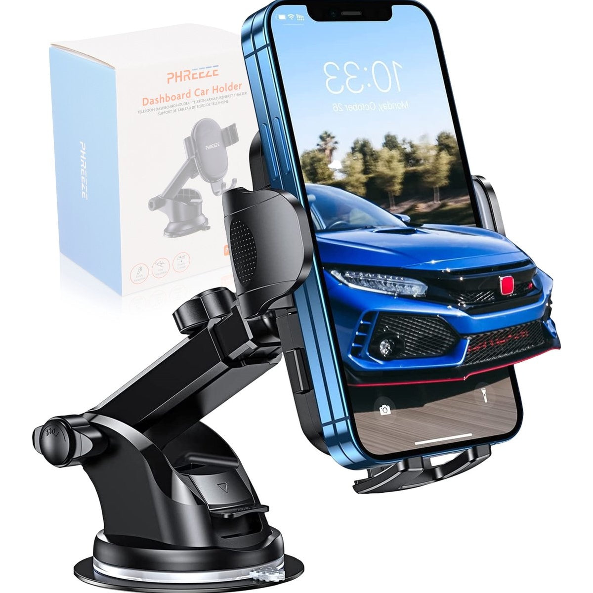 Een zwarte autotelefoonhouder met een telefoon waarop een blauwe auto te zien is. Een doos staat op de achtergrond.
