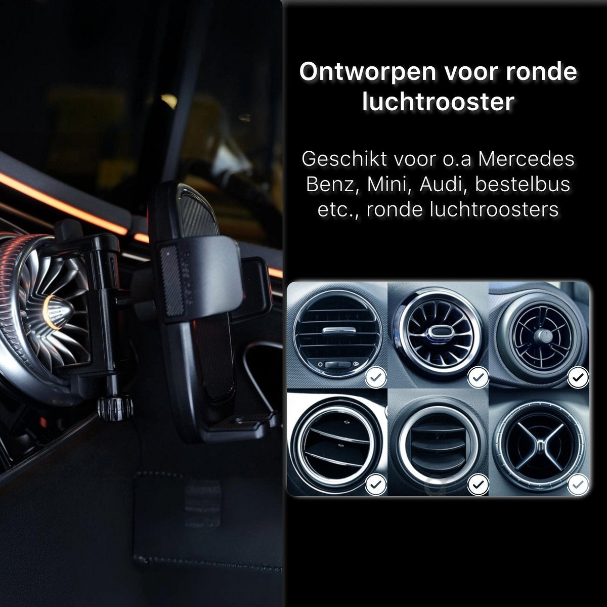 A car phone holder and air vent designs. Text in Dutch mentions compatibility with Mercedes and other brands.
