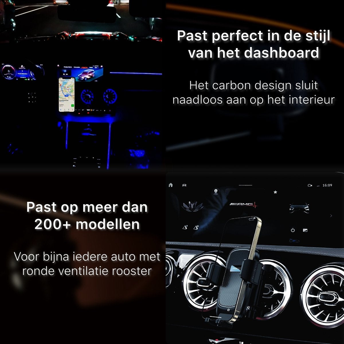 Car interior with phone holder, dashboard info, and text. Texts say: fits over 200 models, carbon design, perfect dashboard fit.
