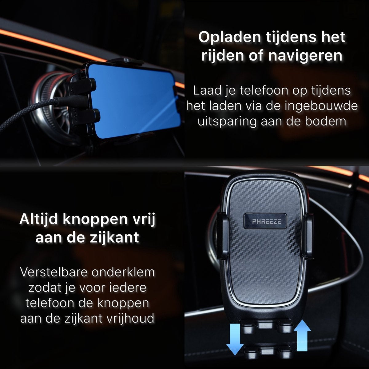 Phone in a car phone holder, charging. Text displays: charging while driving, always free buttons. Black car interior.