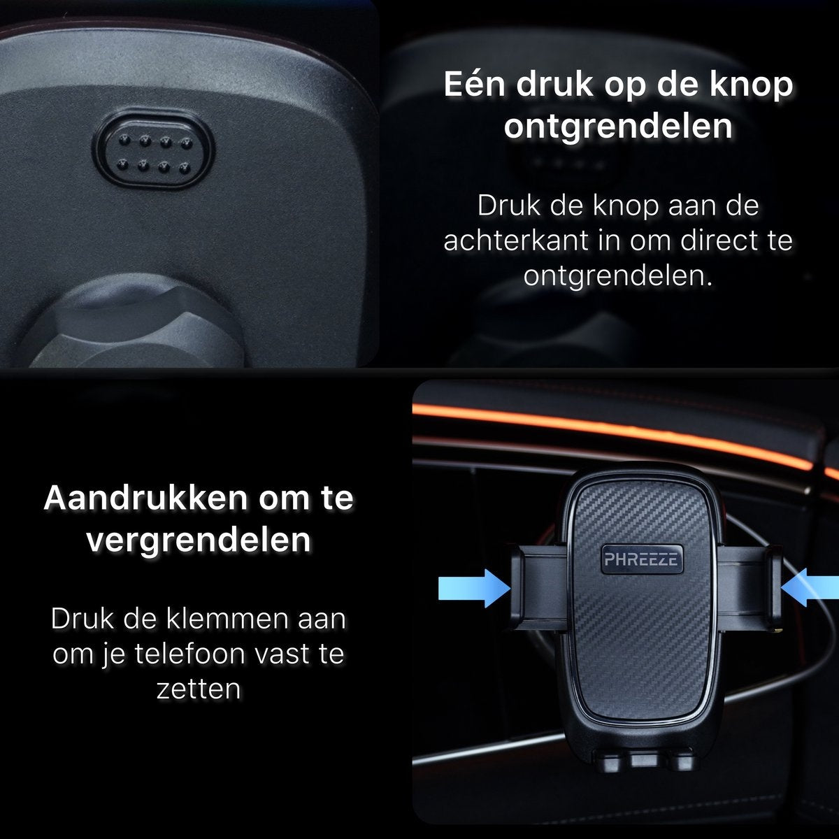 Car phone holder with text instructions. Push to lock, press to unlock. Includes close-up of button and holder with arrows.