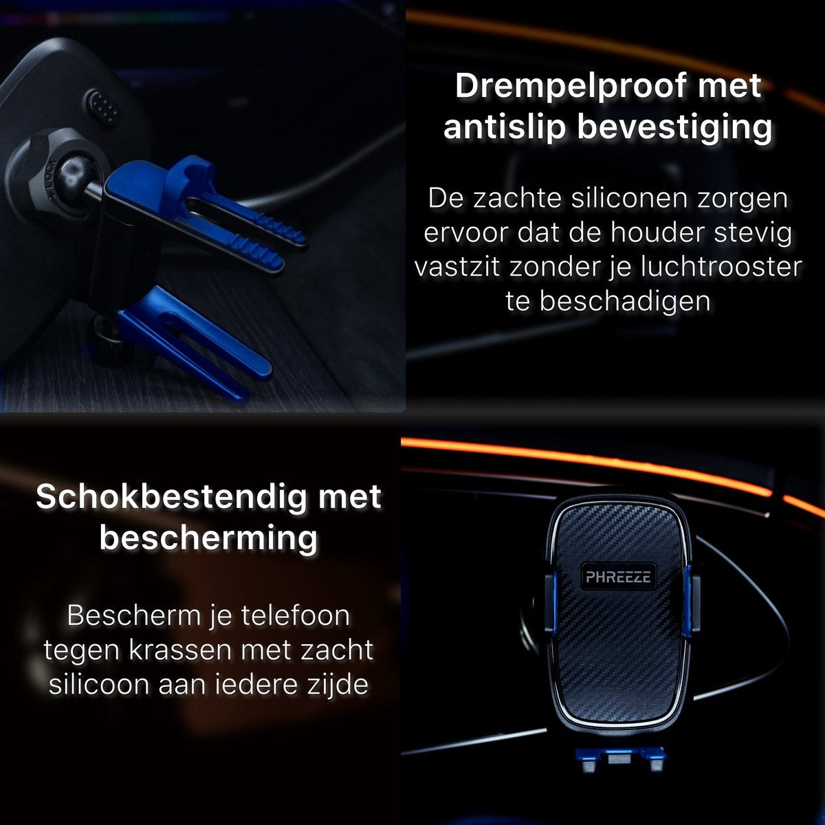 A phone holder with blue accents. Text describes shock resistance, anti-slip, and protection against scratches.