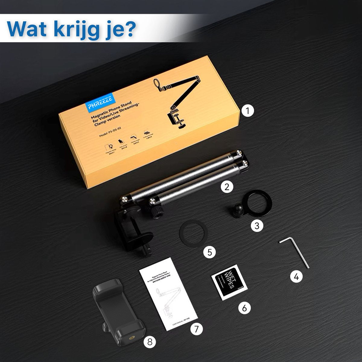 Een telefoonstandaardkit met verschillende componenten: standaard, montageklem, inbussleutel, doekjes en een handleiding liggen op een zwart oppervlak.