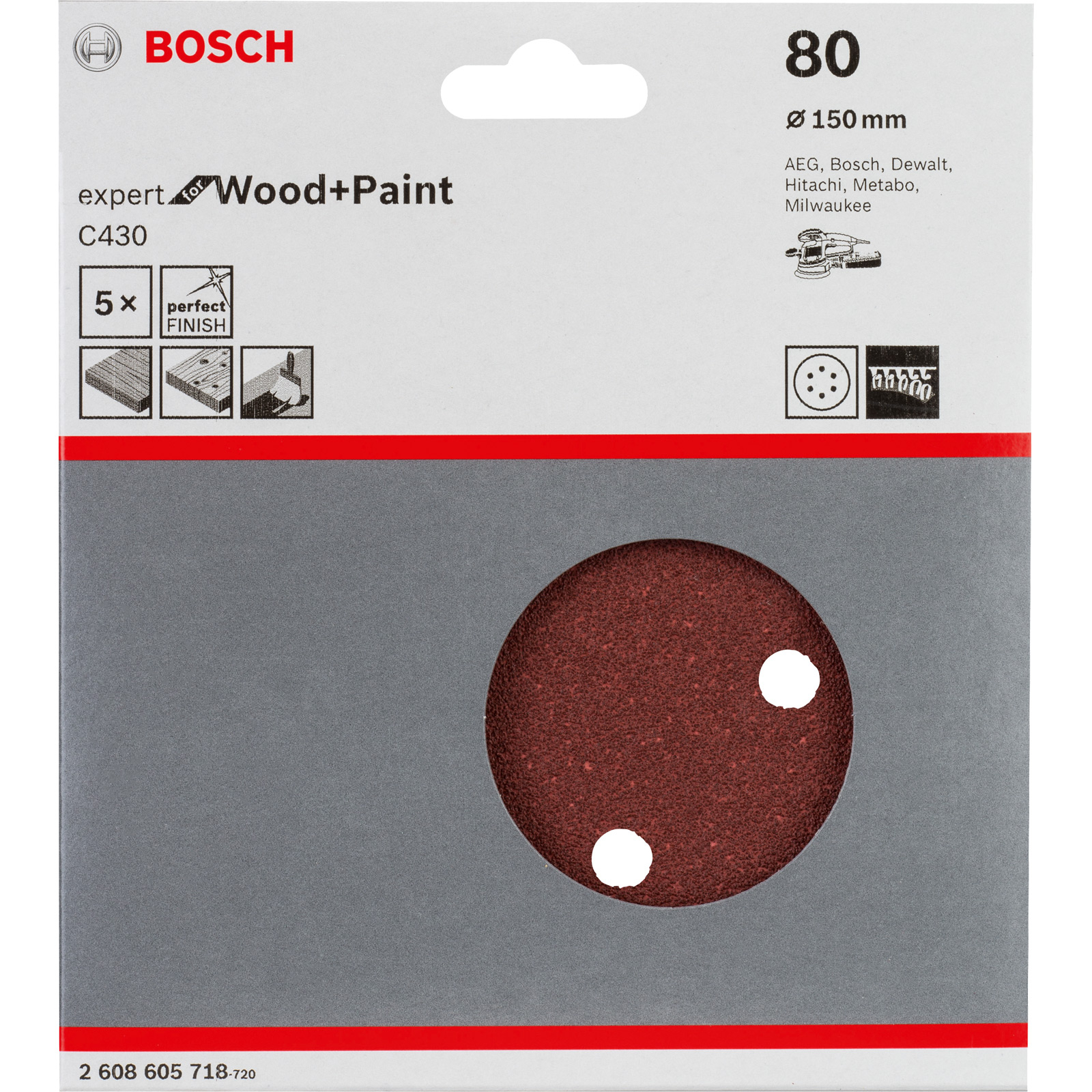 Bosch Schleifscheibenverpackung. Enthält eine rote Scheibe mit weißen Löchern und Produktdetails auf grauem Hintergrund.