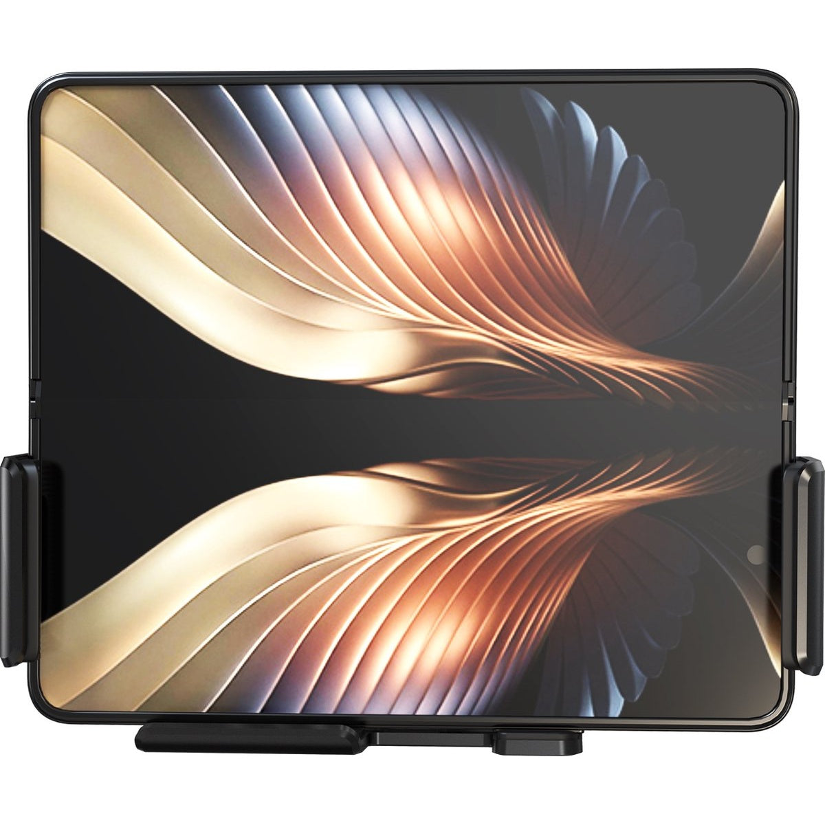 Een zwarte tablet met een gebogen scherm, met een abstract goudkleurig ontwerp. Het wordt vastgehouden door een zwarte houder.