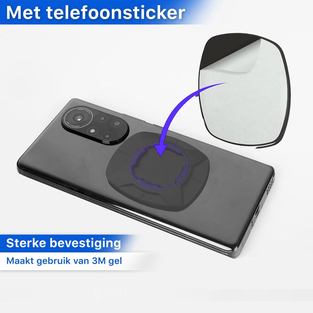 Een smartphone met een telefoonsticker, een zwarte bevestiging en een blauwe pijl die ernaar wijst. Tekst zegt 'sterke bevestiging'.
