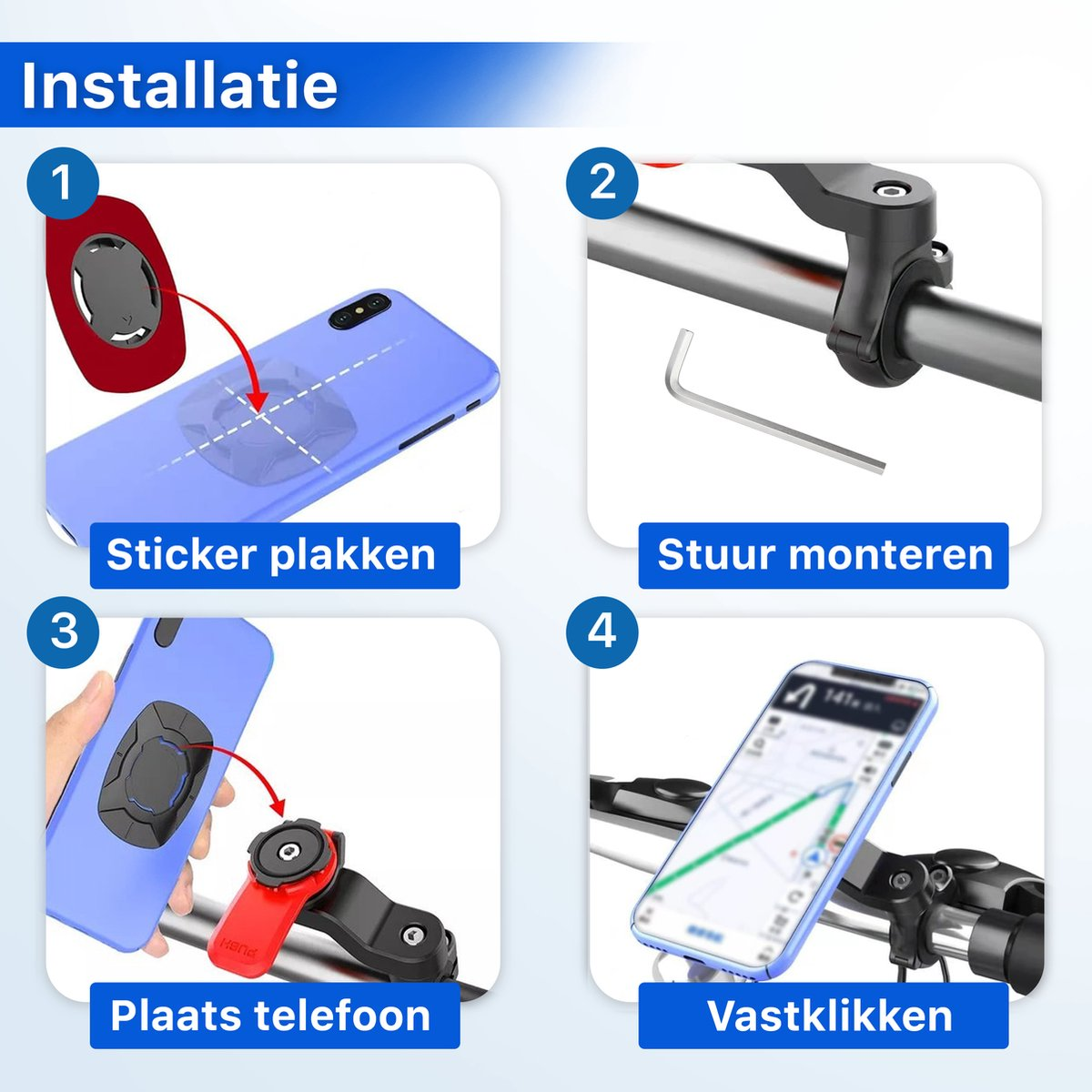 Installatiegids met stappen: sticker, stuurbevestiging, telefoonplaatsing en telefoonvergrendeling, met diagrammen en tekst in het Nederlands.