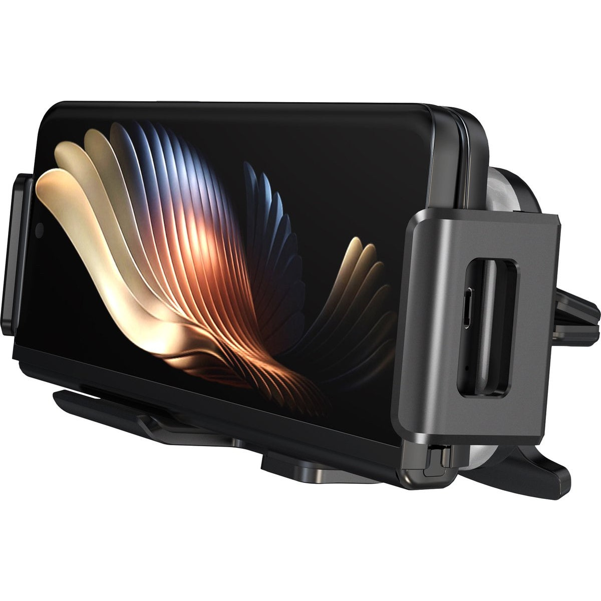 Zwarte telefoon in een telefoonhouder voor in de auto, scherm met een abstract ontwerp. De houder is op een ventilatierooster gemonteerd.