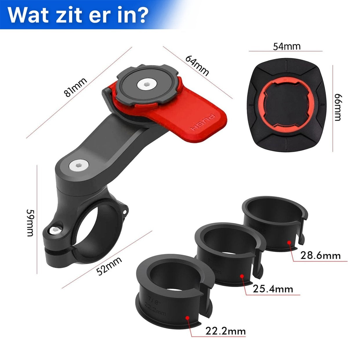 Afbeelding toont een zwarte en rode fietshouder met afmetingen. Het bevat een houder, een telefoonhouder en drie zwarte ringen van verschillende maten.