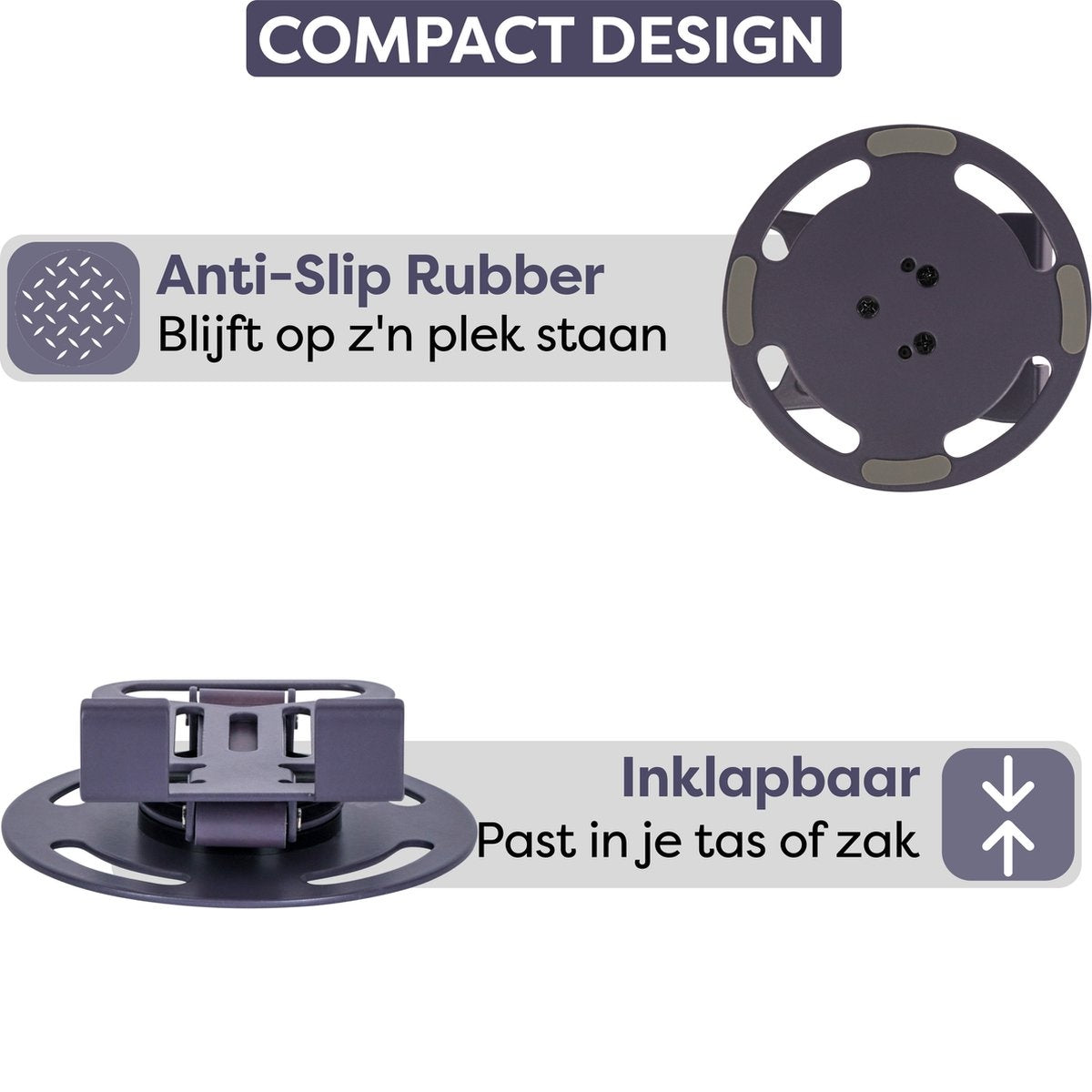 Afbeelding toont productkenmerken: compact ontwerp, antislip rubber, opvouwbaar en past in een tas of zak, met productillustraties.