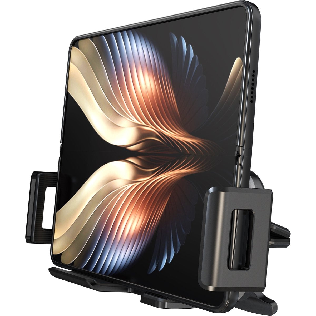 Een zwarte tablet in een autohouder. De tablet toont een abstract ontwerp in goud- en blauwtinten. De houder is ook zwart.