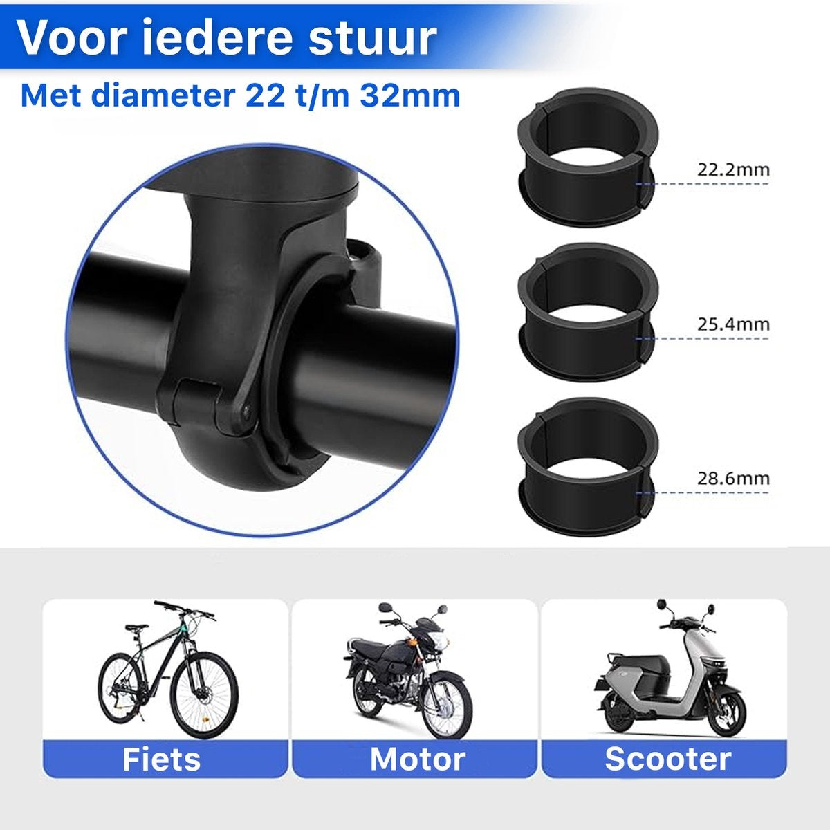 Afbeelding toont fietsstuuradapter en drie maten. Hieronder staan fiets-, motor- en scootericonen.